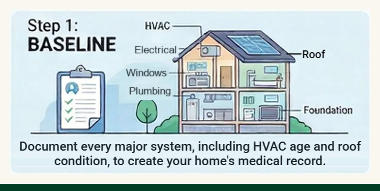 Step 1, Baseline: a checklist beside a cutaway house with HVAC, electrical, windows, plumbing, roof and foundation labelled