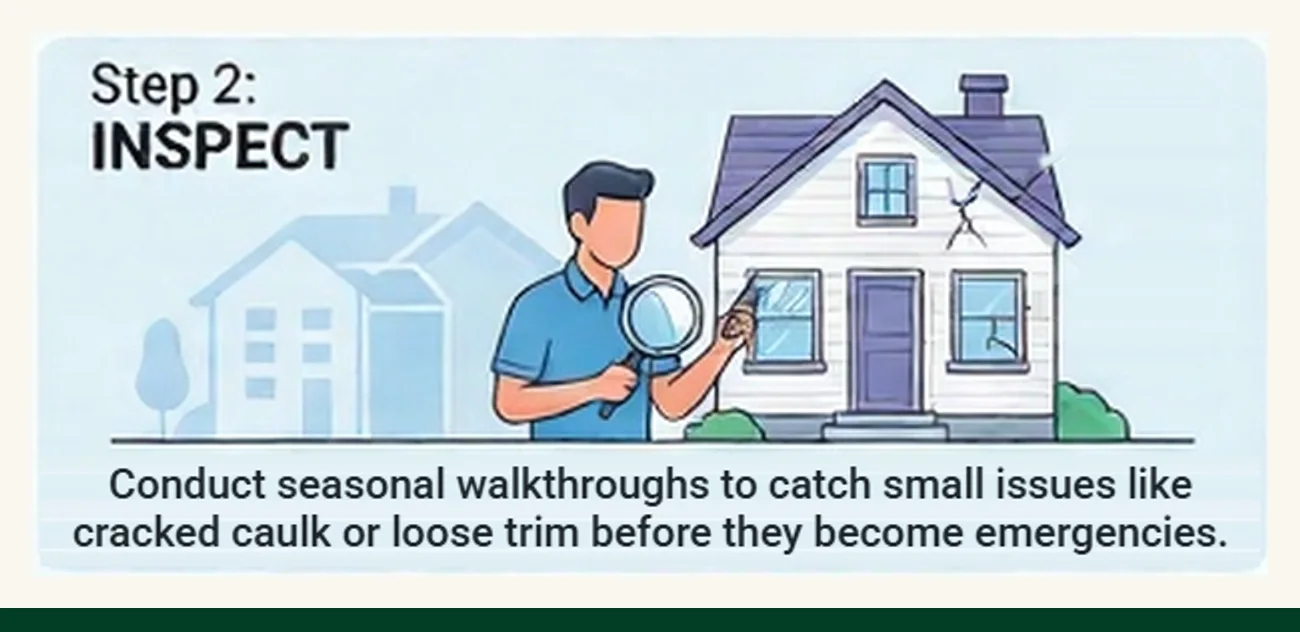Step 2, Inspect: a person with a magnifying glass looking closely at a house, with spring and fall markers beside it