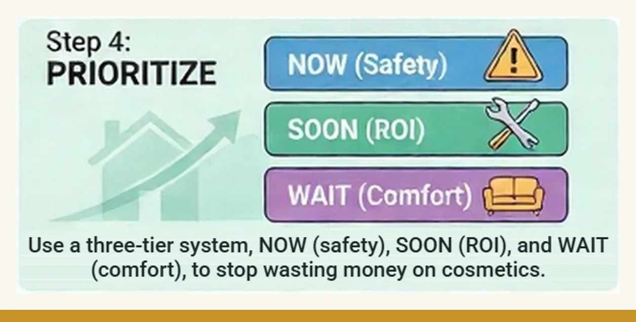 Step 4, Prioritize: three stacked tiers labelled NOW (Safety), SOON (ROI) and WAIT (Comfort)