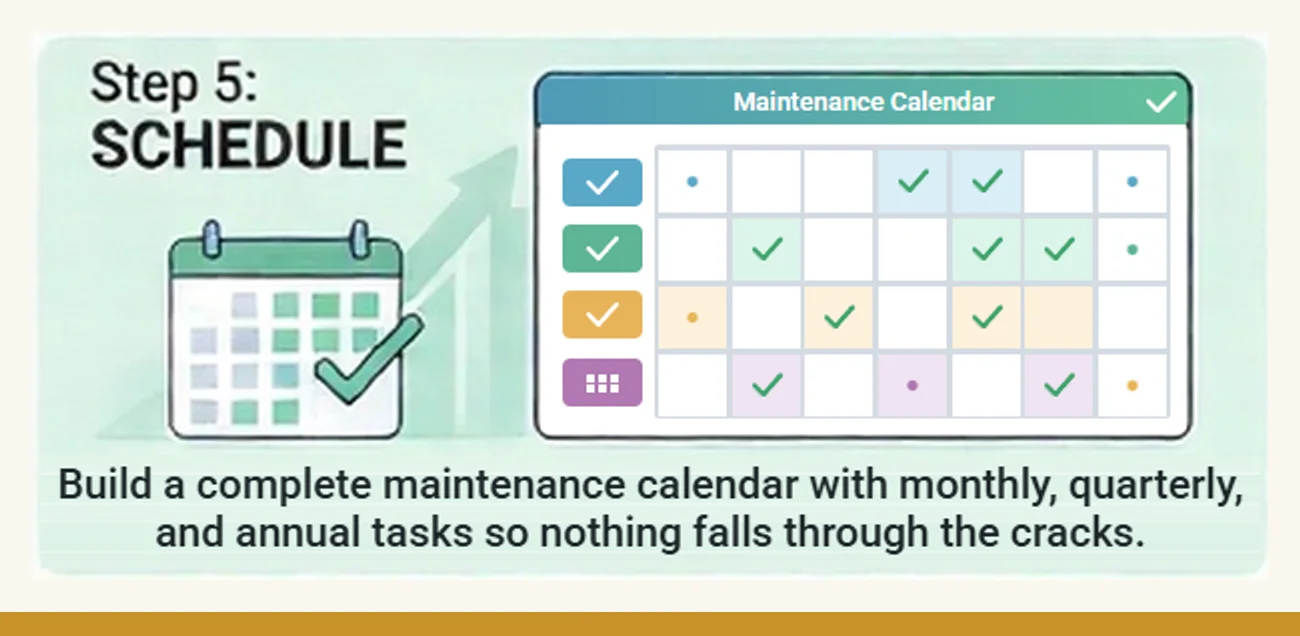 Step 5, Schedule: a maintenance calendar with monthly, quarterly and annual tasks checked off