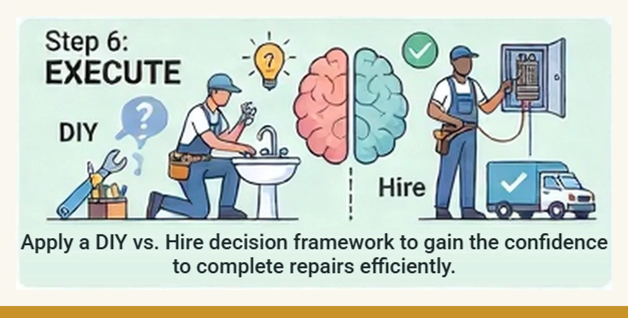Step 6, Execute: a DIY figure at a sink and a hired professional at an electrical panel, with a brain between them weighing the choice