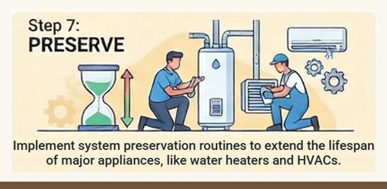Step 7, Preserve: technicians servicing a water heater and an air conditioner beside an hourglass