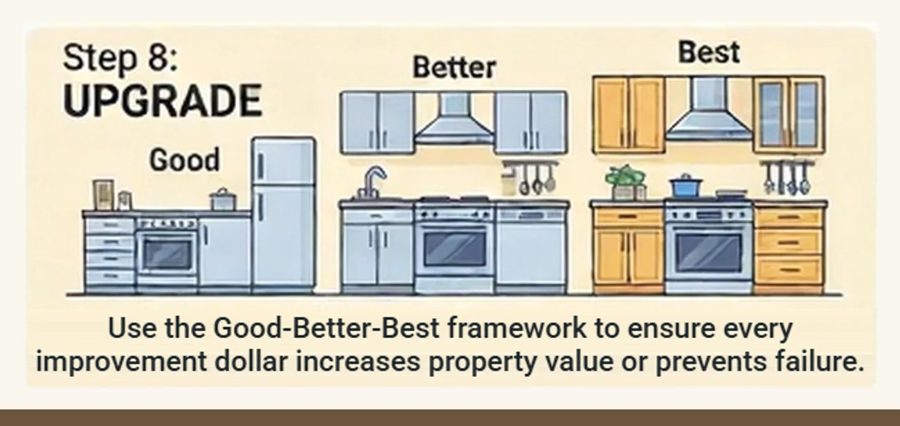 Step 8, Upgrade: three kitchens side by side labelled Good, Better and Best