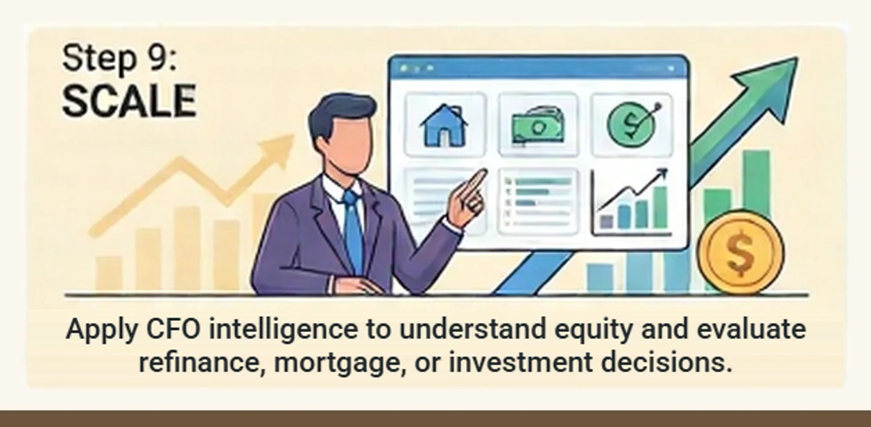 Step 9, Scale: a person reviewing a property dashboard with a rising chart and a coin