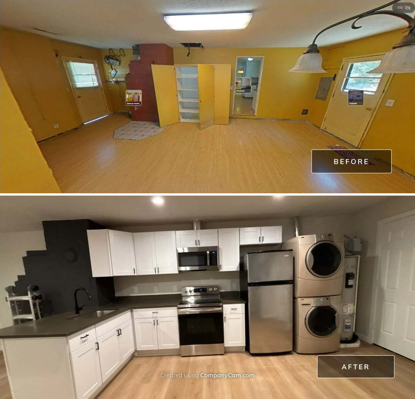 Before and after of an attached ADU we built: a dated yellow bonus room (top) turned into a unit with a full kitchen and stacked laundry (bottom)