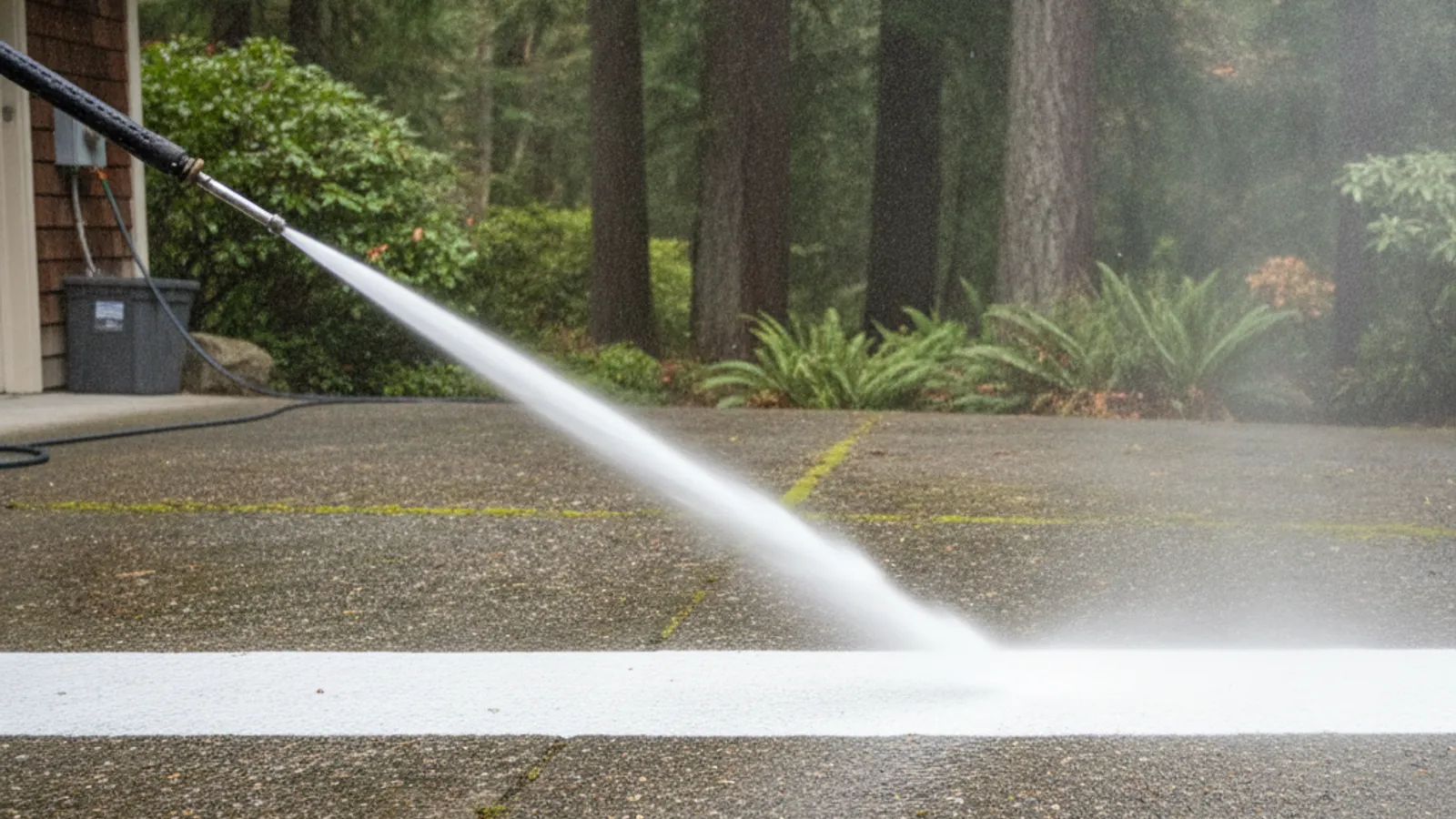 A driveway being pressure washed clean