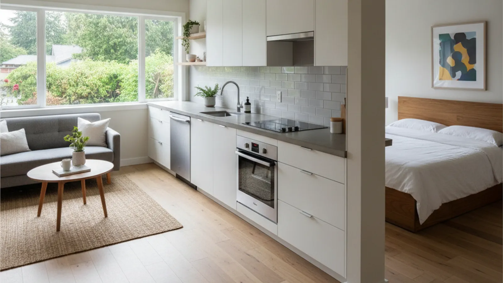 A garage converted into a bright, finished accessory dwelling unit