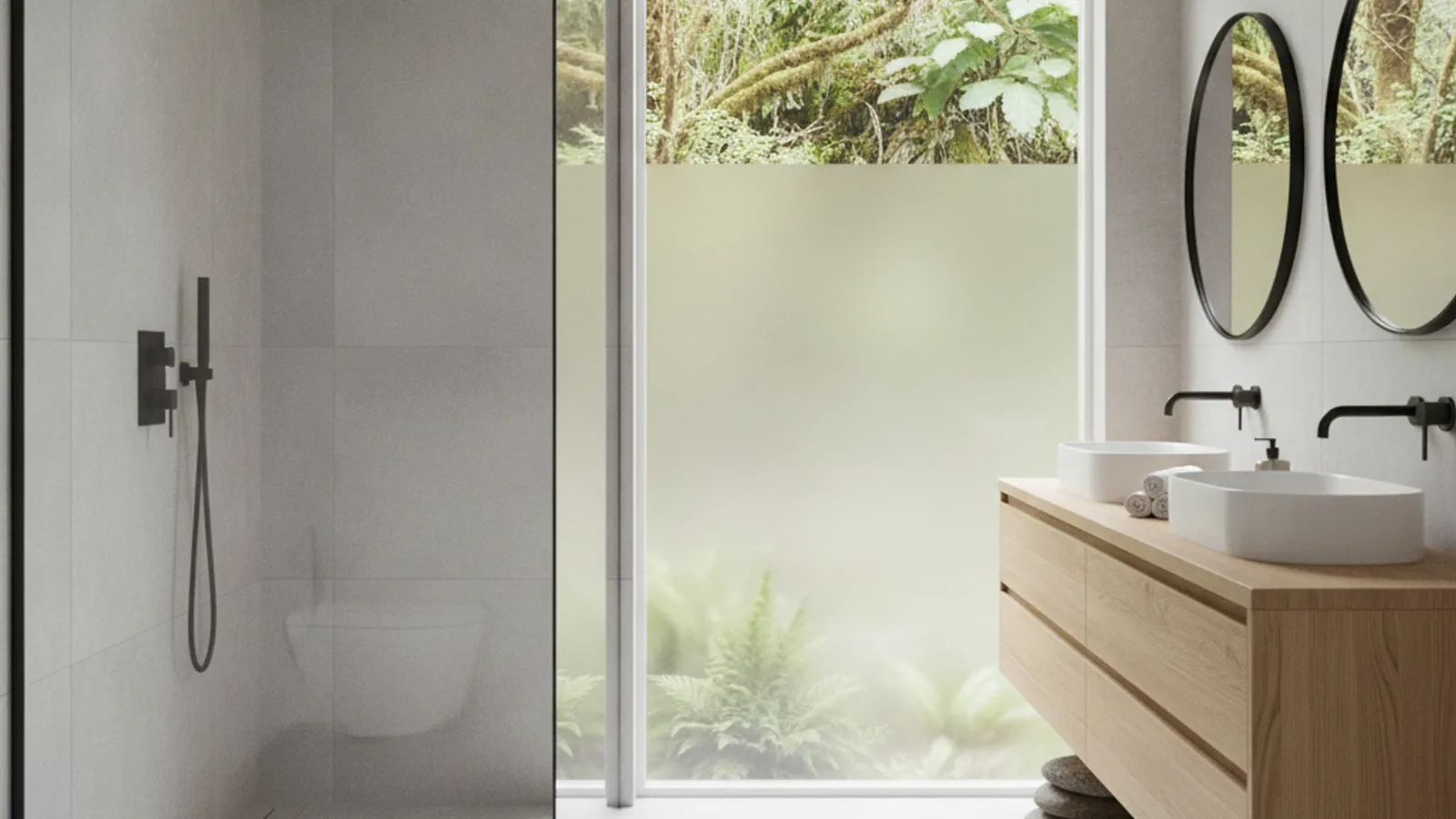 A serene remodeled bathroom with a tiled walk-in shower and floating vanity