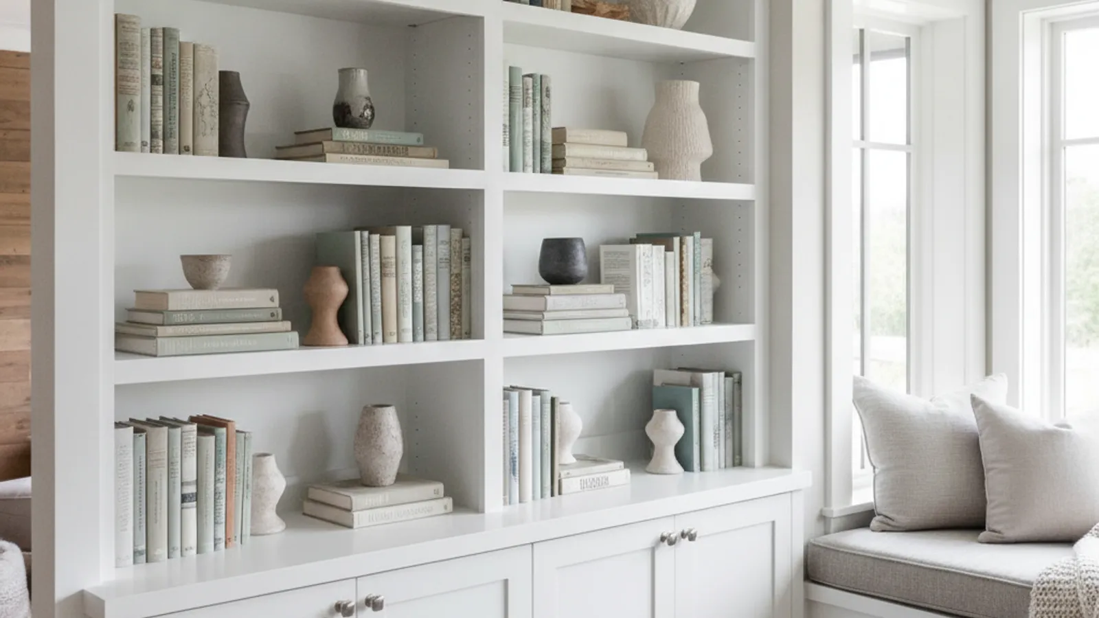 A painted built-in bookcase with open shelves and lower cabinet doors beside a window seat