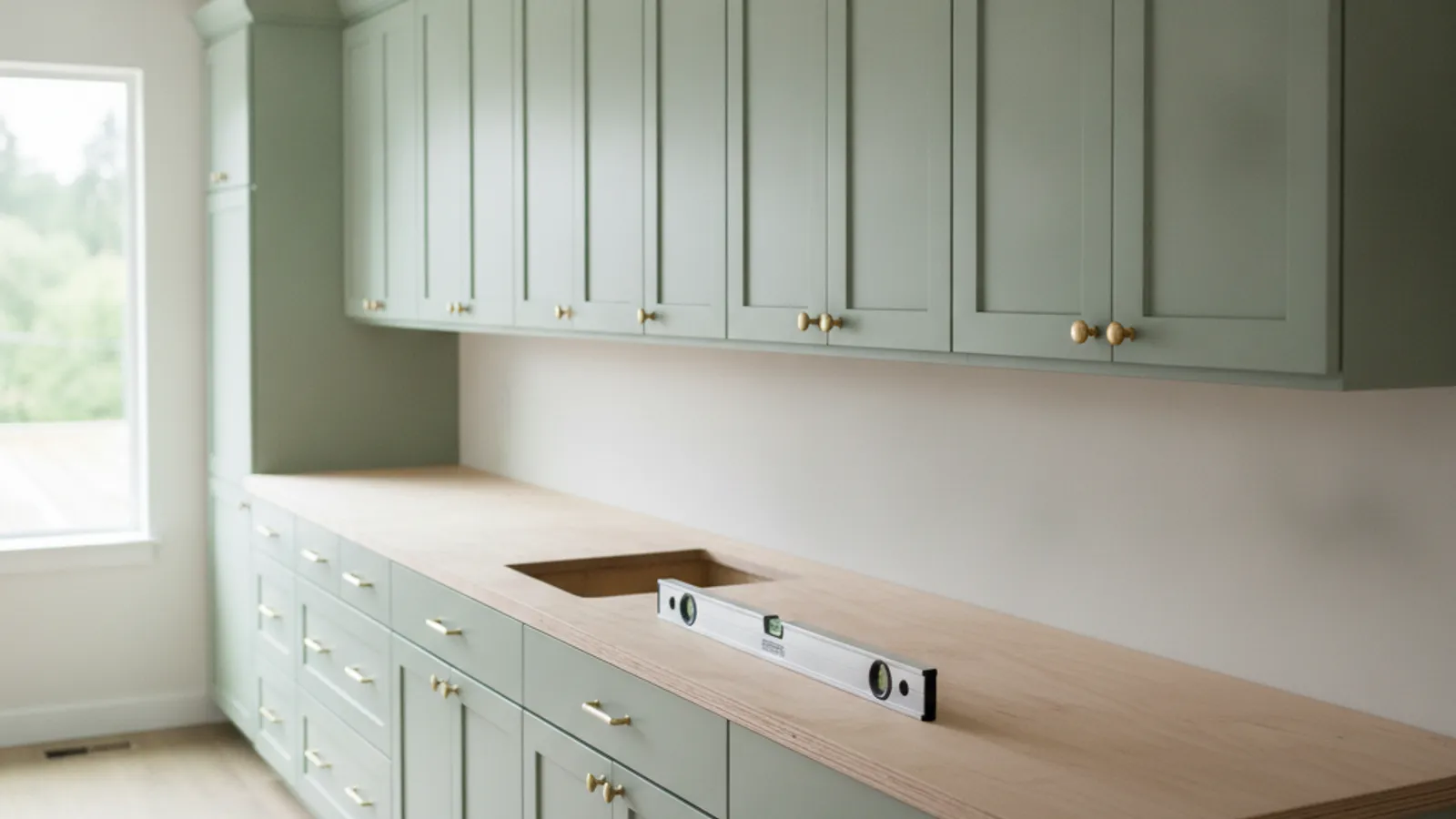 Newly installed painted shaker kitchen cabinets with crown molding, ready for countertops