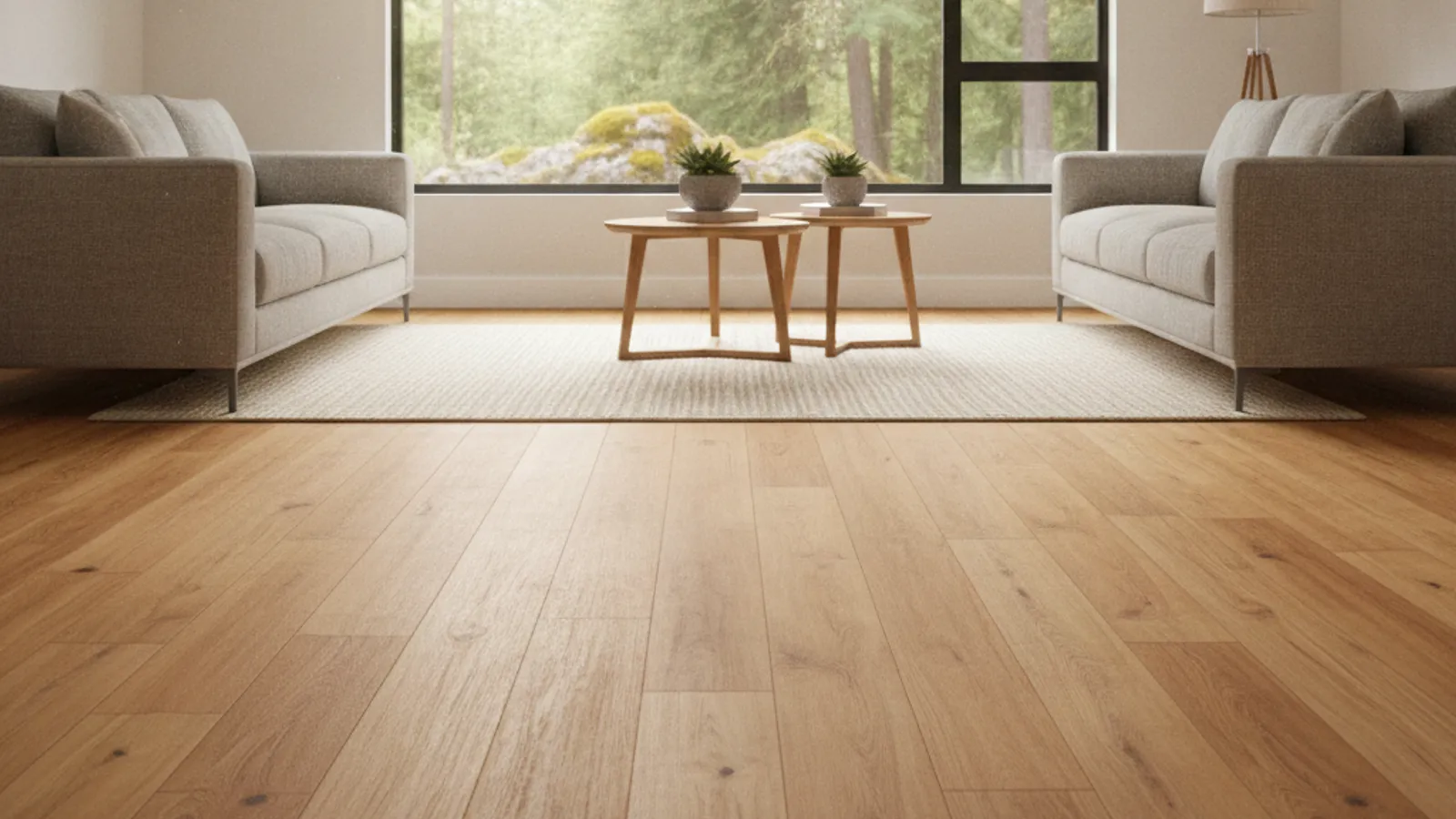 Newly installed hard-surface flooring across an open living room in a Clark County home