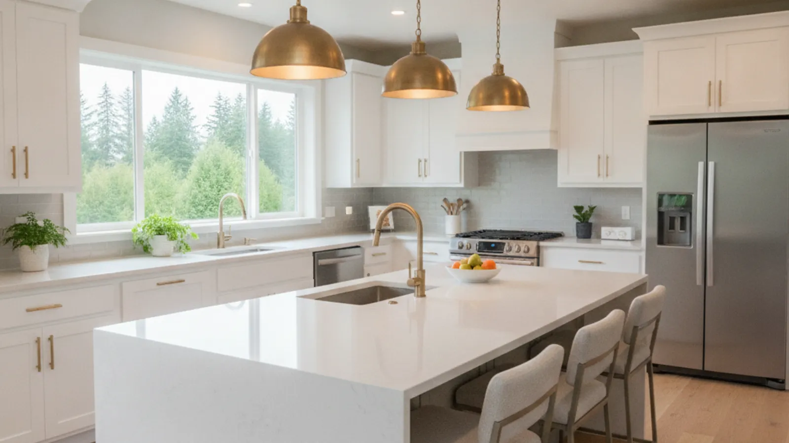 A remodeled kitchen with white shaker cabinets, a quartz island, and pendant lights