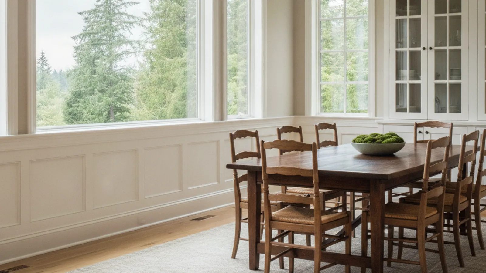 A dining room with painted panel wainscoting below tall windows looking out on evergreens