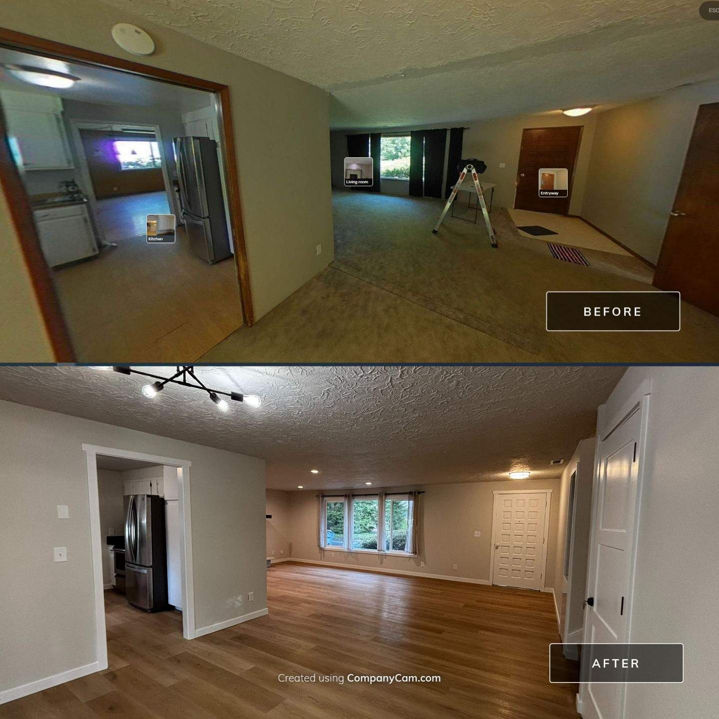 Before and after of a living room and kitchen opening: old carpet and dark trim replaced with wood-look plank flooring, white trim, and fresh paint