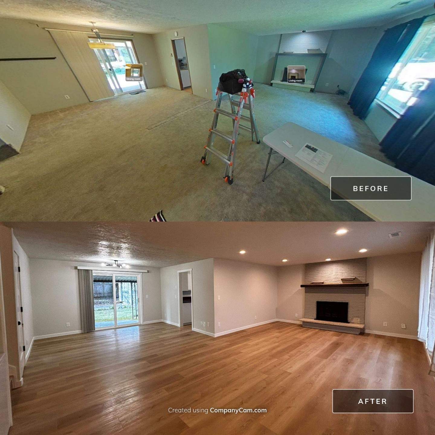 Before and after of a living room: worn carpet (top) replaced with wood-look plank flooring, with recessed lighting and an updated fireplace (bottom)