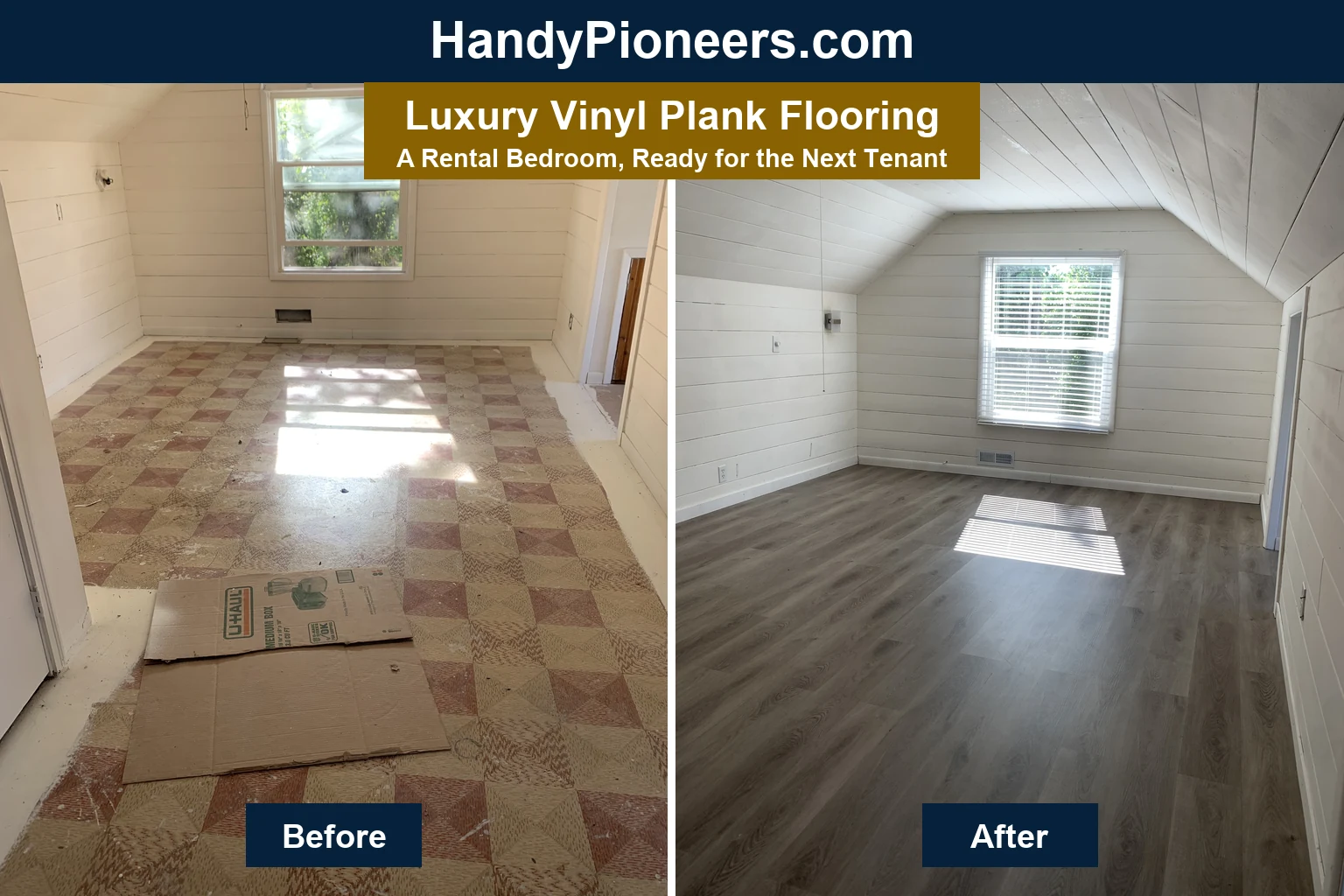 Before and after of a rental bedroom: worn patterned vinyl replaced with gray luxury vinyl plank flooring