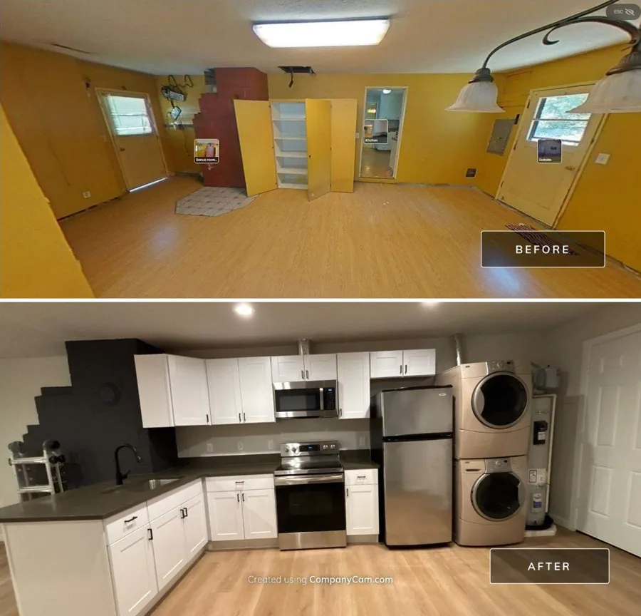Before and after: a dated yellow bonus room turned into an ADU with a full kitchen and stacked laundry