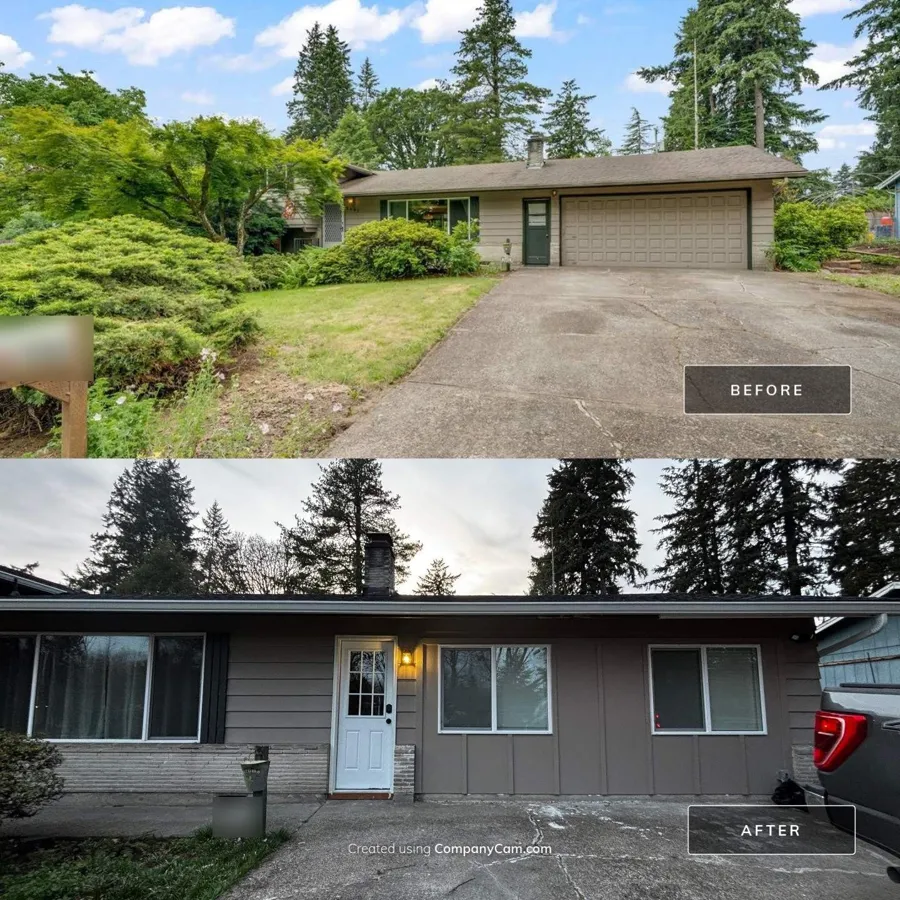Before and after: a two-car garage door replaced with siding, two windows, and an entry door as part of a garage-to-ADU conversion