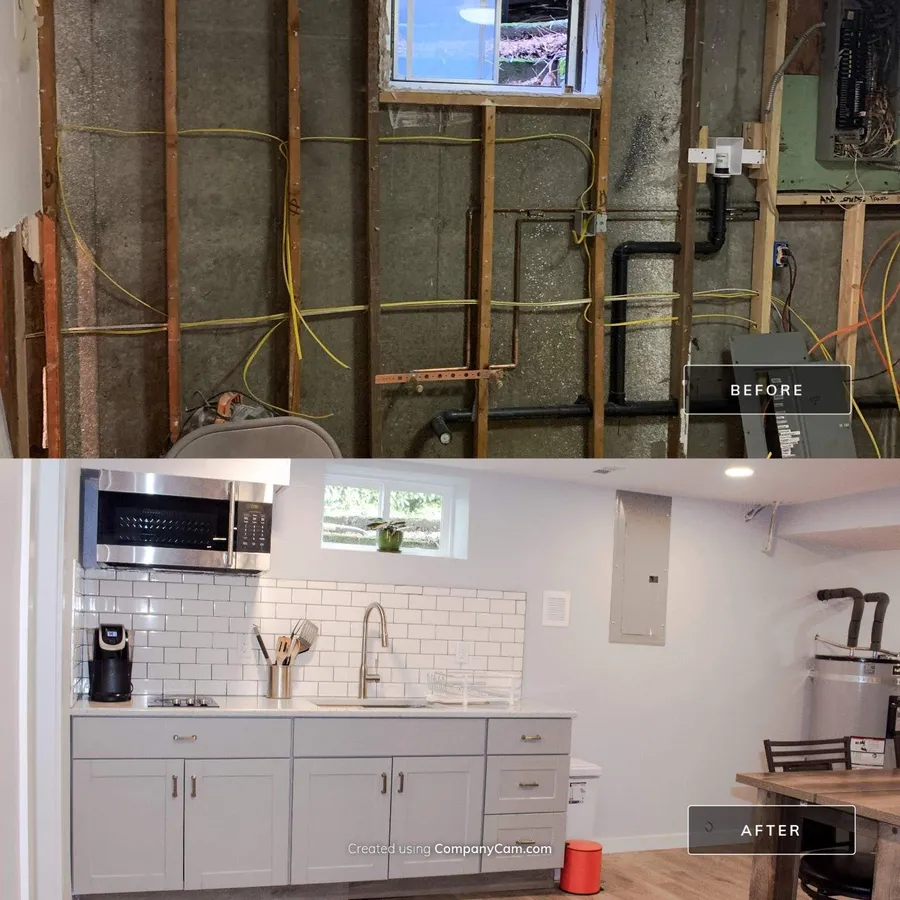 Before and after: an unfinished basement wall with exposed studs and wiring turned into a kitchenette with a tile backsplash