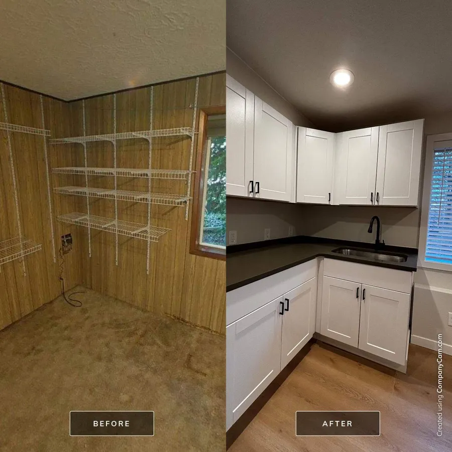 Before and after: a paneled lower-level storage room turned into a kitchenette with white cabinets and new flooring